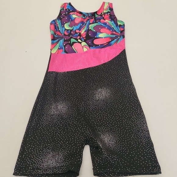 Kids Unitard Multicolor Pink Black Sleeveless Shorts Sparkle Gymnastics Athletic - Picture 2 of 7